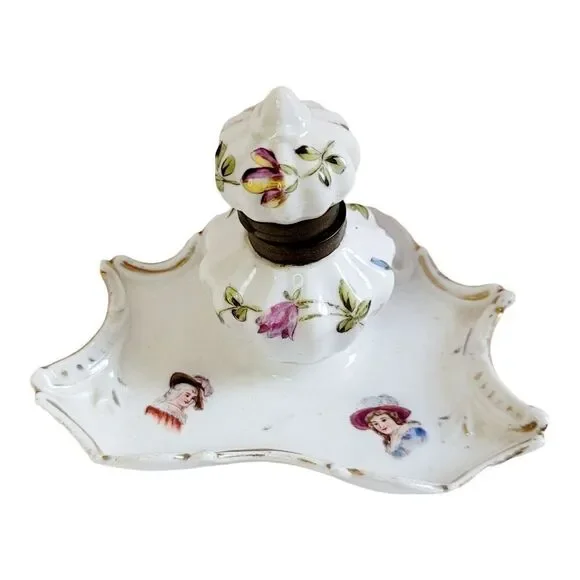 Vtg Hand Painted Porcelain Ink Well and Dish 5" Wide 3 1/2" Tall Floral Design - Picture 3 of 10